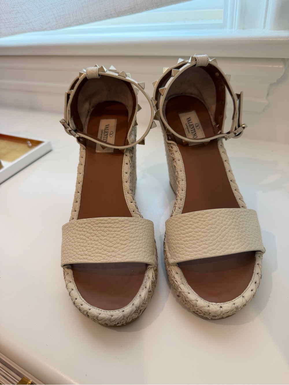 Valentino Ivory Leather Rockstud Espadrille Wedge Sandals